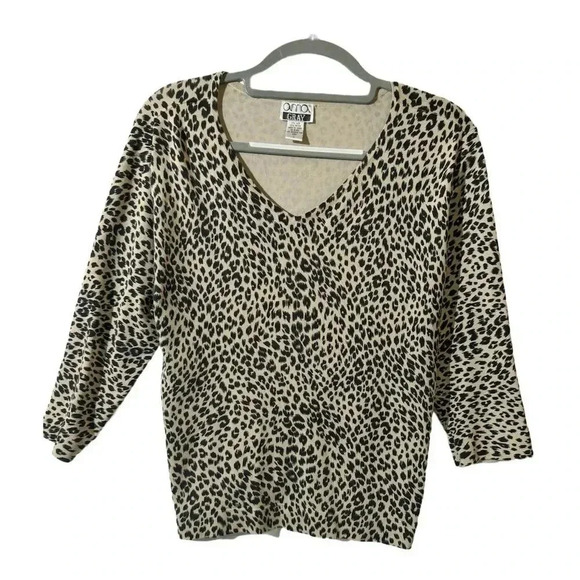 Anna Gray VTG Silk Womens V-Neck Leopard Print Blouse 3/4 Sleeve Size L Mob Wife - Picture 3 of 9